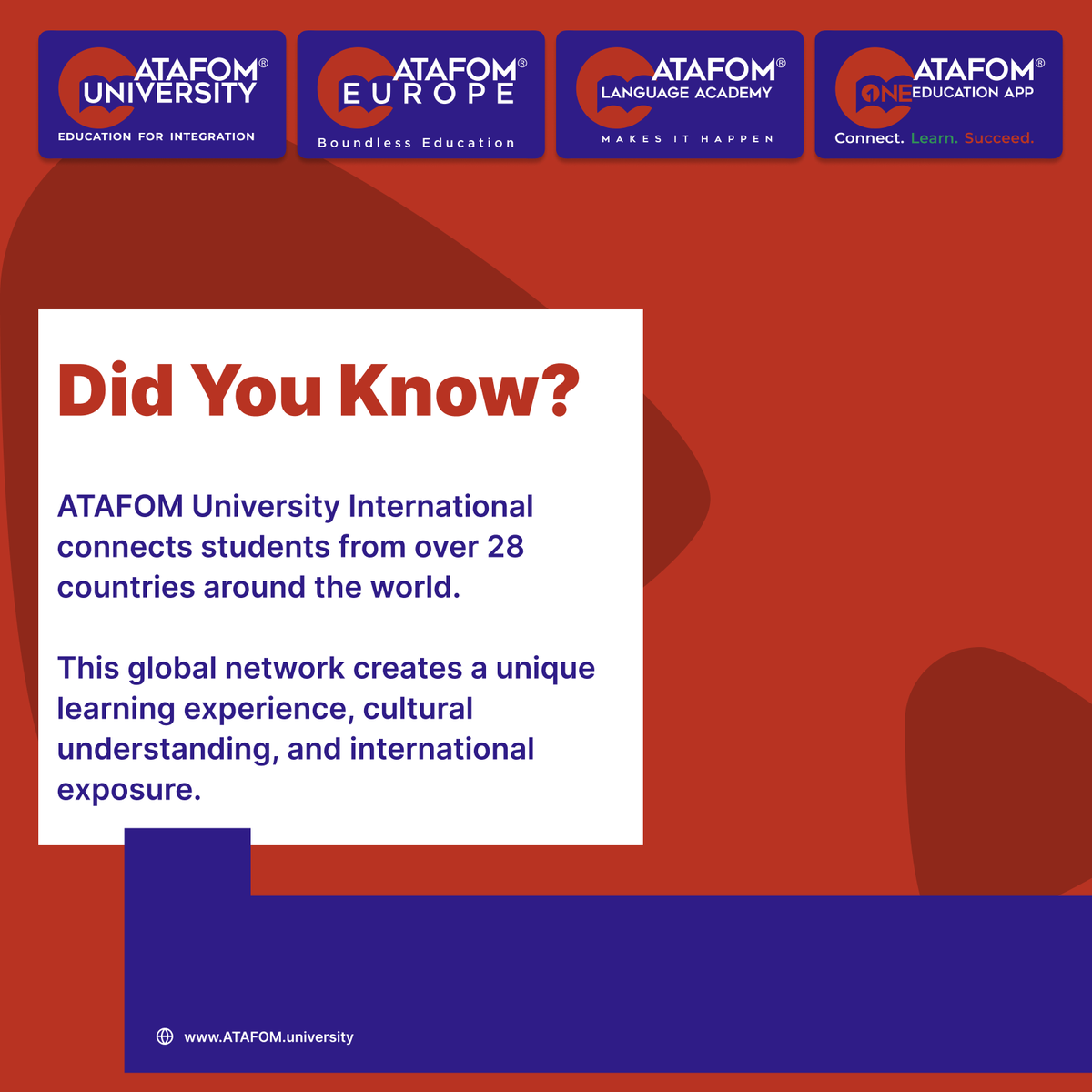 ATAFOMEurope's tweet photo. 🌎🌍🌏Did you know?

ATAFOM University International connects students from 28+ countries worldwide.

A global learning community built on diversity, innovation &amp; opportunities beyond borders.

💙❤️ Education for Integration
Learning Without Borders https://t.co/ZHQAmLoAGe