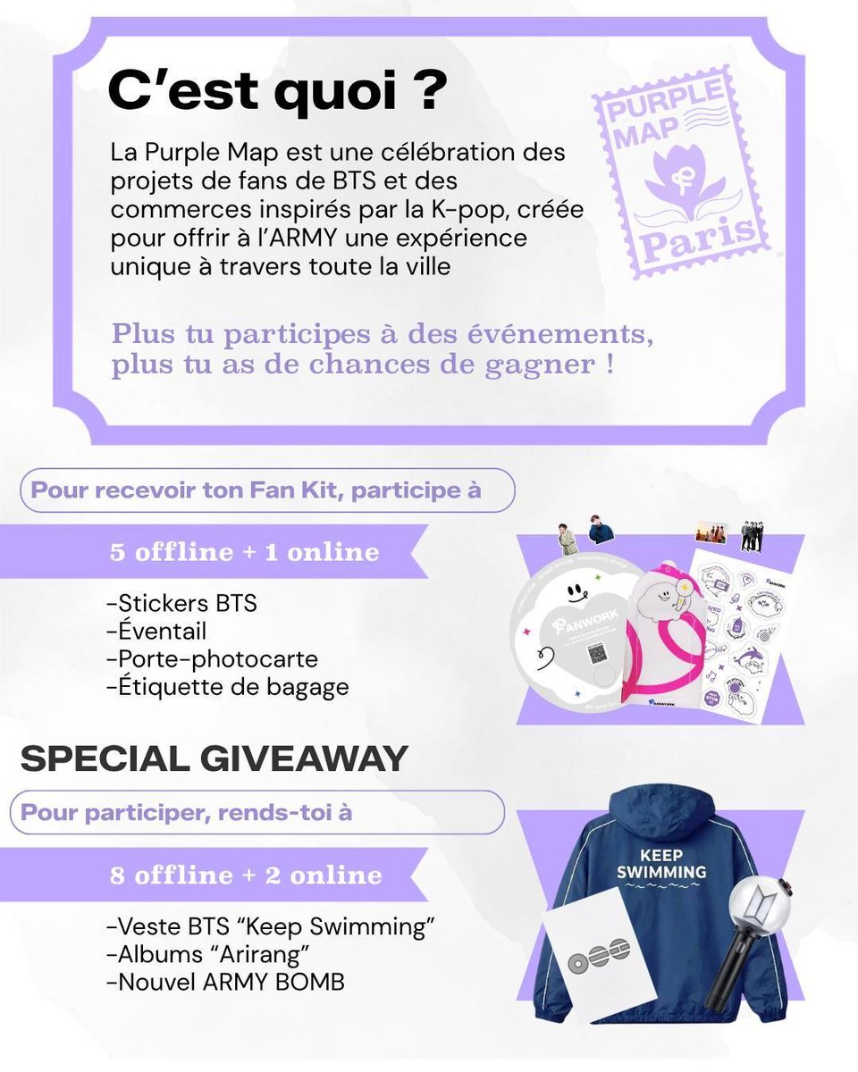 BTSFRANCE_'s tweet photo. PROJET | ARIRANG Tour • BTS

De passage à Paris pour les concerts de BTS ? FanWork Global a rassemblé 16 événement organisés à cette occasion dans une Purple Map 🗺💜

5 de nos événements issus de < The ARIRANG Cities 2.0 > y figurent 📍

Rendez-vous chez l'ensemble de ces partenaires afin d'obtenir vos tampons et tenter de remporter un des lots mis en jeu 🎁

Plus d'informations :
🔗 https://t.co/2U1zthld2V

#BTS @BTS_twt #BTS_ARIRANG #BTS_WORLDTOUR #BTSinParis