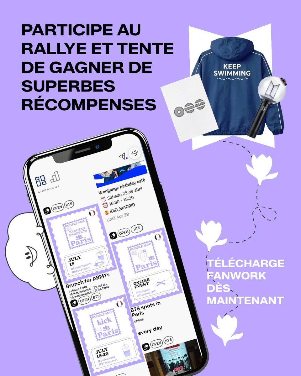 BTSFRANCE_'s tweet photo. PROJET | ARIRANG Tour • BTS

De passage à Paris pour les concerts de BTS ? FanWork Global a rassemblé 16 événement organisés à cette occasion dans une Purple Map 🗺💜

5 de nos événements issus de < The ARIRANG Cities 2.0 > y figurent 📍

Rendez-vous chez l'ensemble de ces partenaires afin d'obtenir vos tampons et tenter de remporter un des lots mis en jeu 🎁

Plus d'informations :
🔗 https://t.co/2U1zthld2V

#BTS @BTS_twt #BTS_ARIRANG #BTS_WORLDTOUR #BTSinParis
