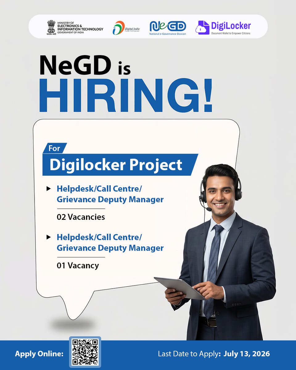 _DigitalIndia's tweet photo. NeGD is inviting applications for Helpdesk/Call Centre/Grievance positions. 

Last date to apply: 13 July 2026 

Apply online: https://t.co/1igTqa8L6N
For details, visit: https://t.co/YmH2yKeJ69 | https://t.co/VmzR7ckdlo

#NeGD #DigitalIndia #Hiring https://t.co/XAdauZAWE4