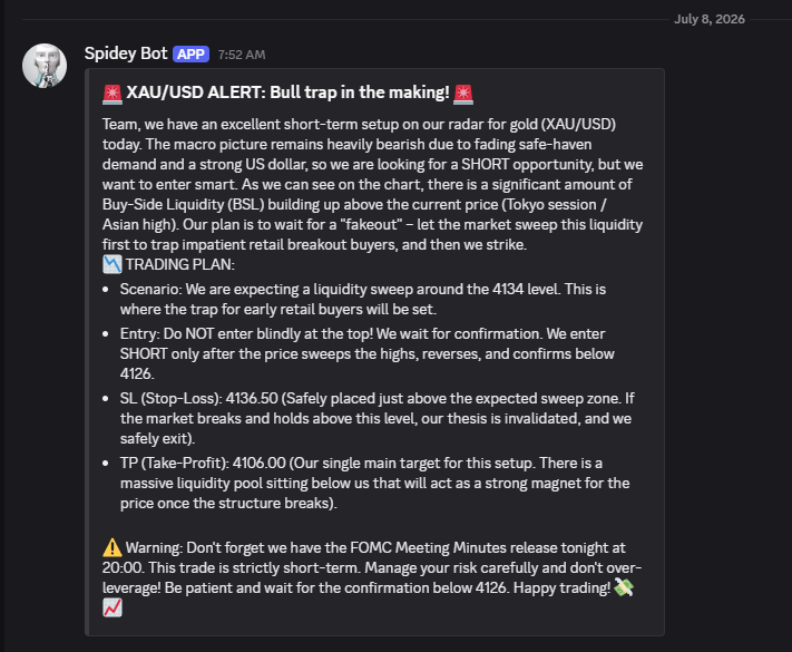 MacroSniperPro's tweet photo. 🚨 THE PERFECT RETAIL TRAP. EXECUTED TO THE DOLLAR.
This morning, our systems flagged a massive bull trap forming on Gold. While impatient retail traders were aggressively buying the Asian session highs, we were patiently waiting for them to become our exit liquidity.We mapped the exact Buy-Side Liquidity (BSL) sweep at 4134. We knew the macro environment was heavily bearish, anchored by a dominant US Dollar (DXY 101.09) and oppressive 10Y Real Yields at 2.24%. With the VIX crushed at 16.13, there was zero systemic panic to sustain a safe-haven rally.  We let retail buy the fakeout. Once the trap was set, we entered short below 4126. The Result? A flawless algorithmic drop straight into our primary target at 4106. How Professionals Manage Risk: 
We don't hope. We calculate. The moment 4106 was hit, our system mechanically extracted 75% of the position. The remaining 25% was left to run risk-free as a trailing runner for the final macro target. (Update: The final target was just obliterated as well). 
Our Core Philosophy: We actually hate being just a "signal provider." Blindly following alerts breeds dependency and destroys accounts.Give a man a fish, and you feed him for a day. Teach a man how to read institutional liquidity, real yields, and order block mechanics, and you feed him for a lifetime. Stop trading narratives. Learn to read the underlying data. #xauusd #GOLD