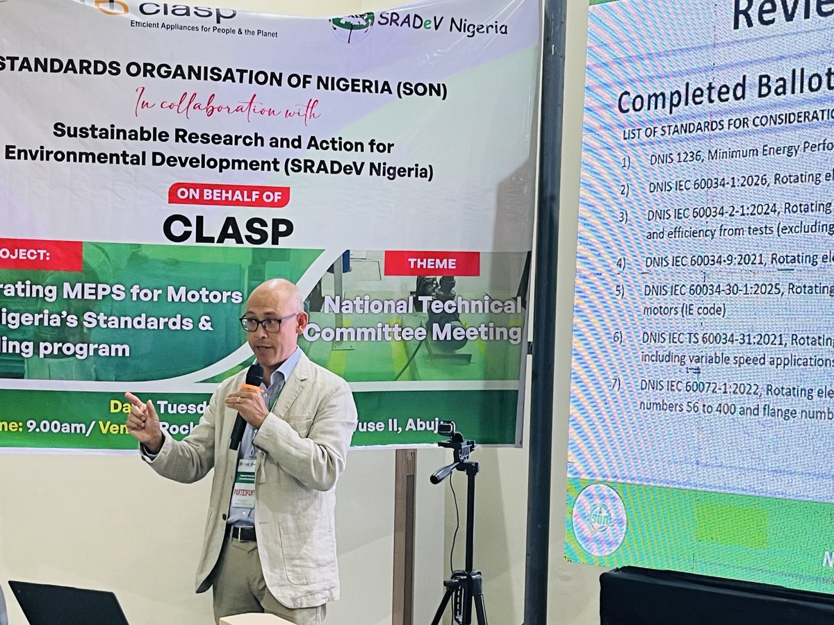sradev's tweet photo. Yesterday, SON in collaboration with SRADeV Nigeria and with support from CLASP, convened the National Technical Committee Meeting on MEPS for Electric Motors.
Working together for a more energy-efficient Nigeria✊🏻
#MEPS #sradev #SON #CLASP https://t.co/efdJGlMR1N