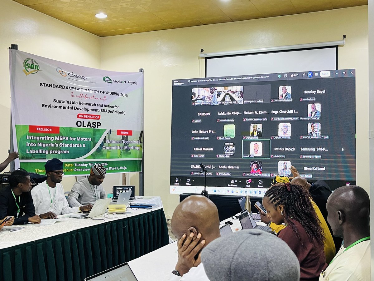 sradev's tweet photo. Yesterday, SON in collaboration with SRADeV Nigeria and with support from CLASP, convened the National Technical Committee Meeting on MEPS for Electric Motors.
Working together for a more energy-efficient Nigeria✊🏻
#MEPS #sradev #SON #CLASP https://t.co/efdJGlMR1N