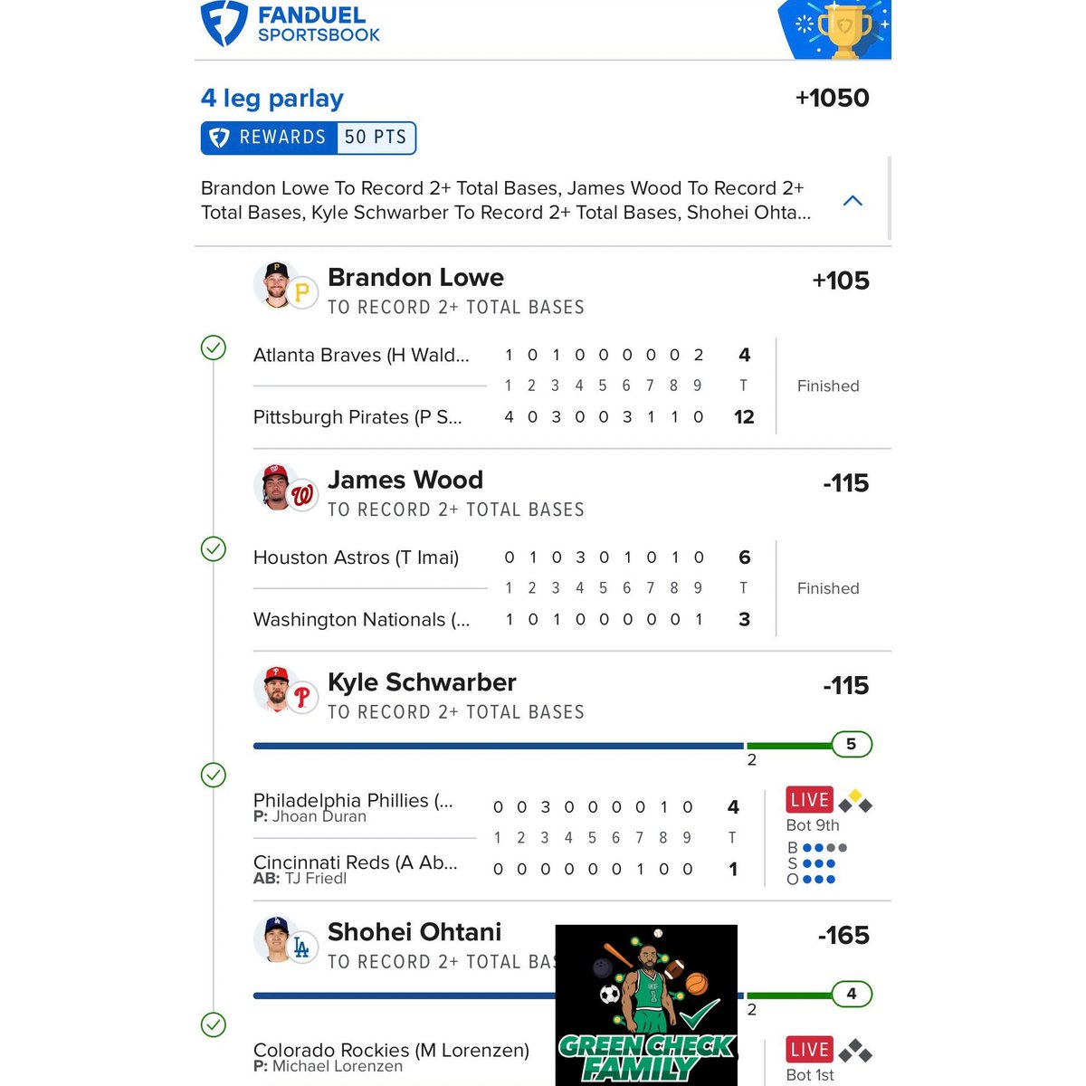 GCFdiscord's tweet photo. GCF starting another streak to begin the week…these lotto singles are going stupid right now🤦🏽‍♂️. Let’s keep going 💪🏽✅✅✅. Join our discord on WHOP for daily sports betting analytics and plays.

https://t.co/Qg5IjeUru7 https://t.co/G7Z62247bw