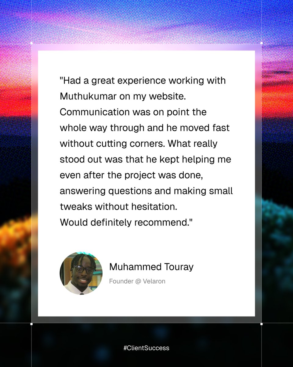 designbymuthu's tweet photo. The most valuable asset for a founder isn't a perfect design.

It's a technical partner they can actually trust.

Love this review from a recent client. It perfectly summarizes what I strive for in every project: speed, quality, and commitment.

Got a project that needs a pro touch? DMs are open. 🚀