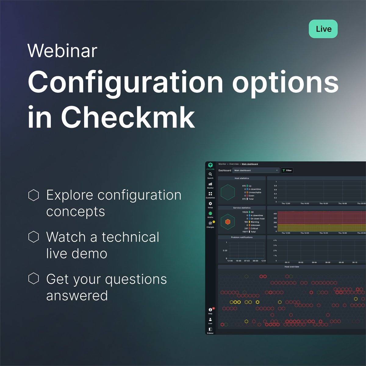 checkmk's tweet photo. How confident are you with Checkmk configurations? 🧐

Learn how to avoid duplicate configs, use tags and labels effectively, and manage host exceptions seamlessly.

🇩🇪 Free live webinar (July 15, 1 PM CEST): https://t.co/53aRPaaOxk
🇬🇧 English on-demand: https://t.co/dzOmaKCA7i https://t.co/0a8BquB3ew