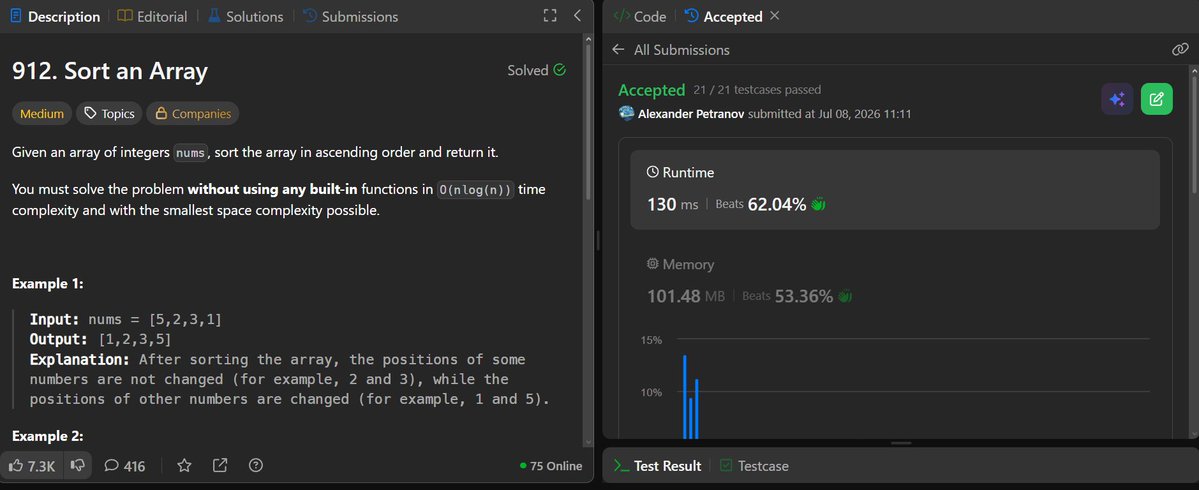 Shasho685's tweet photo. Solving LeetCode Day 11/100
Problem solved - 912. Sort an Array

#LeetCode #100daysofcode #100daysofleetcode #dsa #programming #softwareengineer https://t.co/nQesEO12Aq