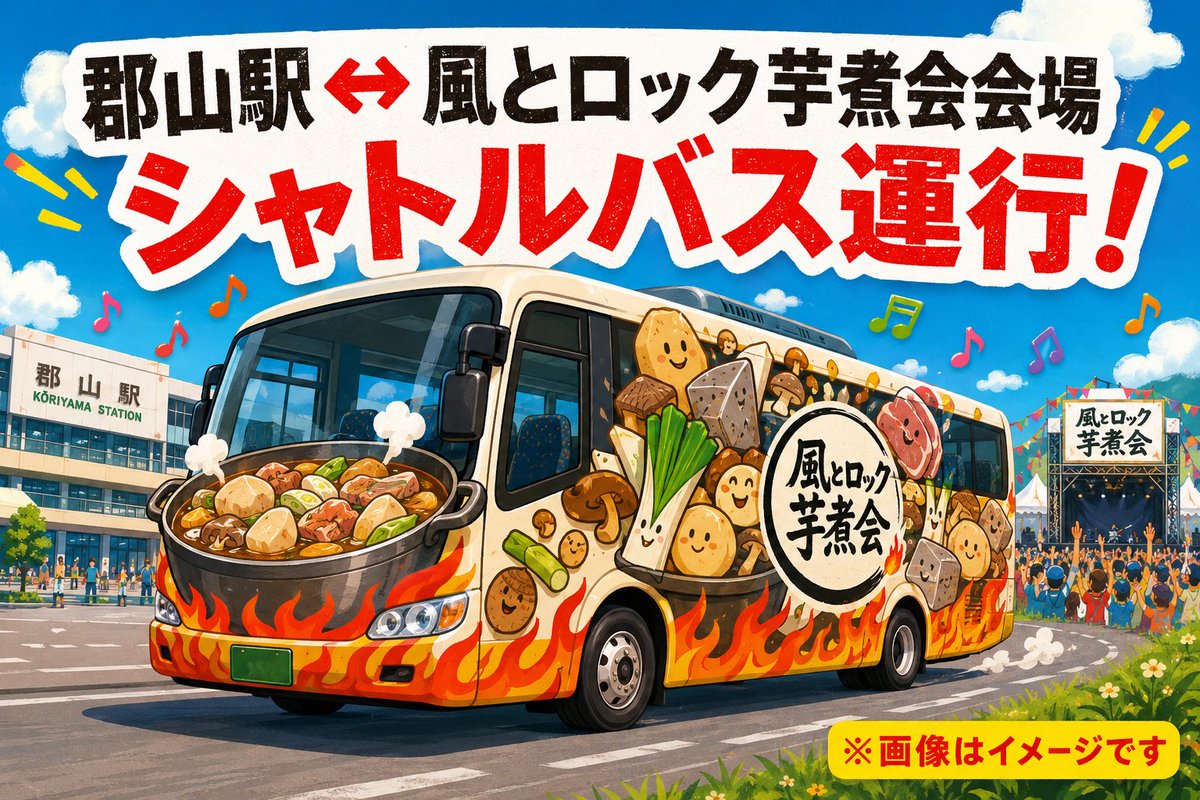 kazetorockBB's tweet photo. 郡山駅と会場を結ぶシャトルバスをJTBさんが取り扱います。

9月21日（月・祝）、22日（火・祝）運行

料金は往復6,000円

発売は7月末を予定しております
ぞ〜い！

#風とロック芋煮会
in
#SeptemberJAM https://t.co/gdK3DuGvUp