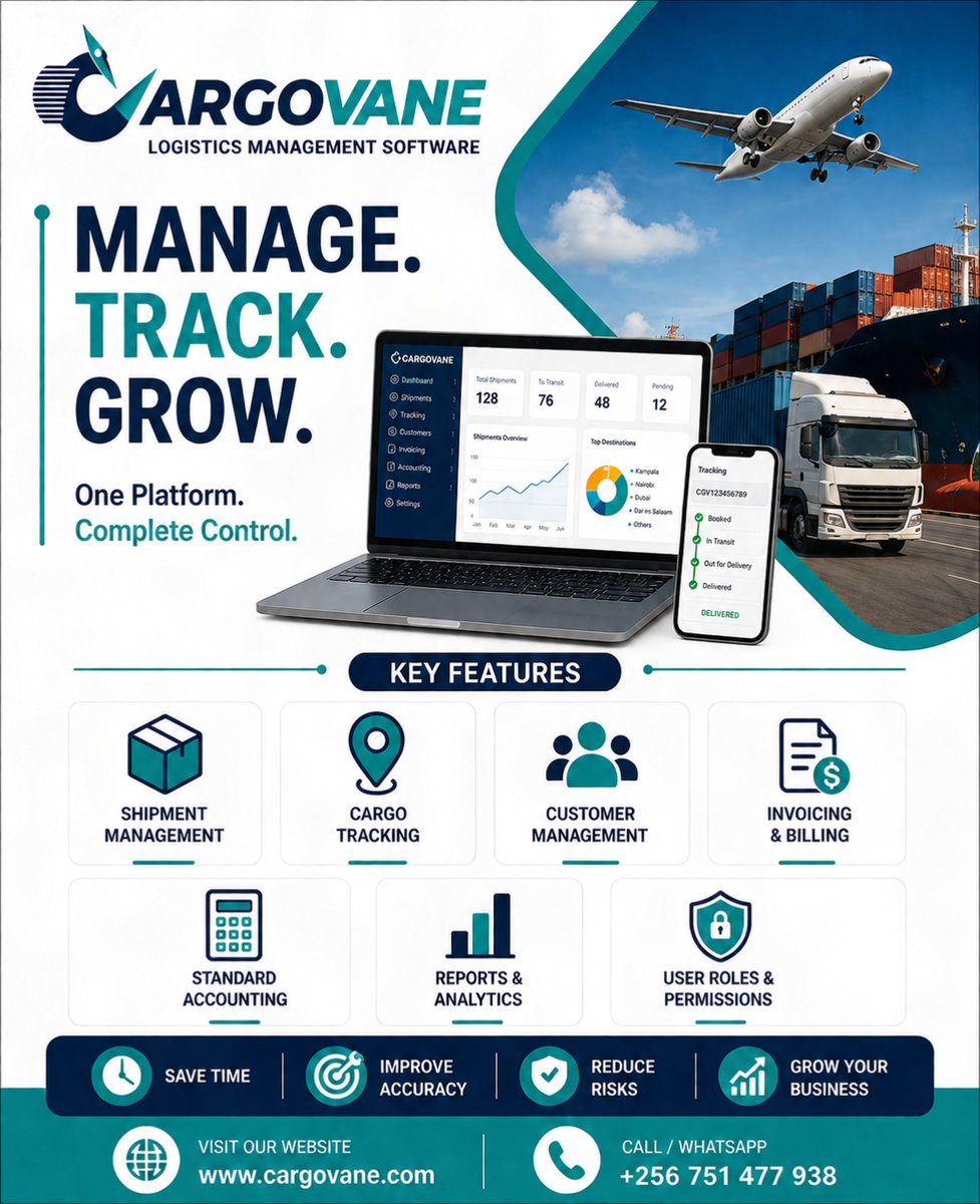 cargovane's tweet photo. Is your logistics business still relying on paperwork &amp; spreadsheets?

Managing shipments, tracking cargo, invoicing , monitoring business performance doesn't have to be complicated.

With CargoVane, everything is in one place.

🌐 https://t.co/FtgMMv5Z5t
📞 +256 751 477 938 https://t.co/us0Pcnq3xm