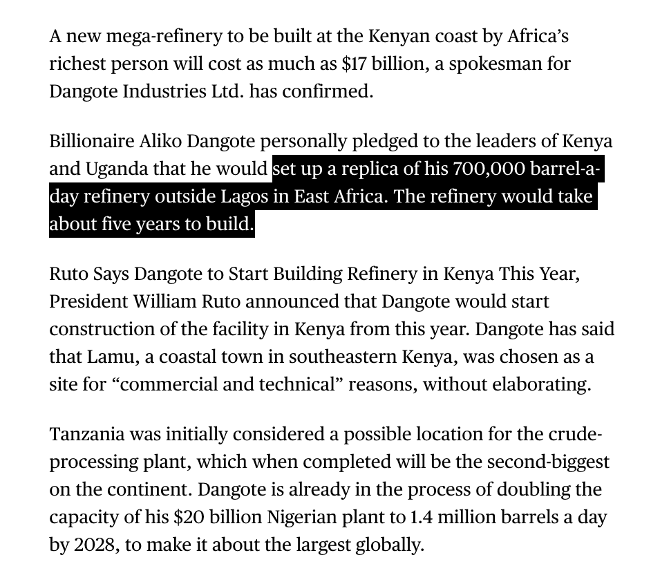 ekmokaya's tweet photo. Massive win for Kenya. 

Aliko Dangote has selected Lamu, Kenya, over Tanzania for a proposed 700,000-barrel-per-day oil refinery that would become East Africa’s largest, surpass his 650,000-barrel-per-day Lagos facility, cost up to US$17B and take about 5 years to complete, with construction expected to begin this year.

https://t.co/2Fxybj6hdm