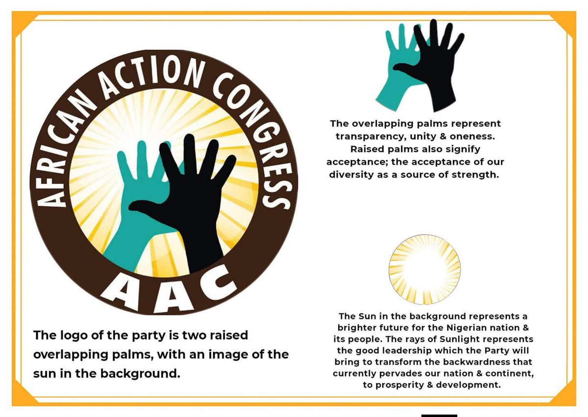 Olaolu_thaniel's tweet photo. The Meaning Behind the African Action Congress (AAC) Logo

Many people have asked about the meaning and symbolism behind the African Action Congress (AAC) logo. I am pleased to share the significance of every element that defines our identity as a movement committed to justice, equality, and genuine liberation.

The logo of the African Action Congress (AAC) consists of two raised, overlapping palms with the rising sun in the background.

The raised, overlapping palms symbolize transparency, unity, solidarity, and oneness. They reflect our belief that true progress can only be achieved when people stand together with honesty, openness, and a shared purpose. The raised palms also represent acceptance; embracing our diversity not as a weakness, but as one of our greatest strengths. They signify the collective power of ordinary people united in the struggle for a better society.

The rising sun represents hope, renewal, and a brighter future for Nigeria and the African continent. Its rays symbolize the emergence of responsible, people-centered leadership that will replace corruption, oppression, poverty, and underdevelopment with justice, prosperity, dignity, and sustainable progress. It is a reminder that a new day is possible when citizens choose courage over fear and action over complacency.

The AAC logo is more than a symbol; it is a declaration of our unwavering commitment to building a nation where every citizen has the opportunity to live with dignity, freedom, and equal rights.

AAC – TAKE IT BACK! TAKE IT BACK!! ACTION!!!

#Sowore4President
#NotAboutMeButAboutUs
#AacTakeItBack