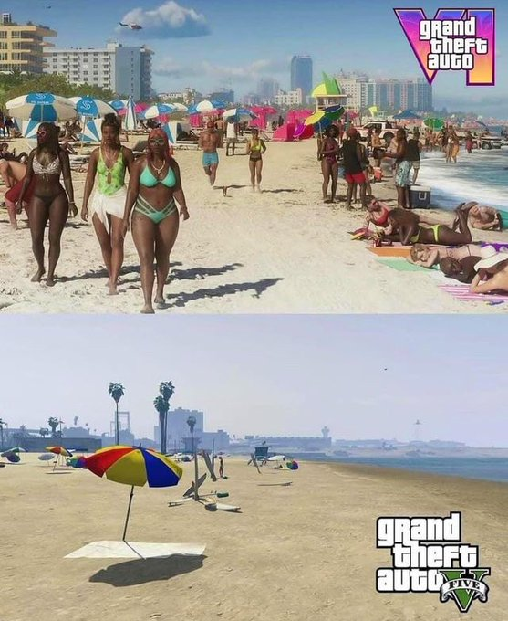 _GTAVI_'s tweet photo. GTA 5 Vs GTA 6 Beach https://t.co/yHLFoIJLLh