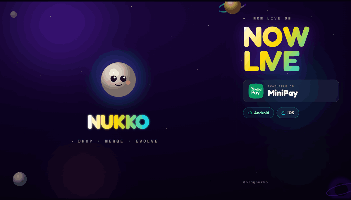 playNukko's tweet photo. Nukko is officially live on @MiniPay. 

drop a planet. Merge it. Evolve it into something bigger.

Available on Android &amp; iOS, no setup, just play. https://t.co/mXDyL7AhEK