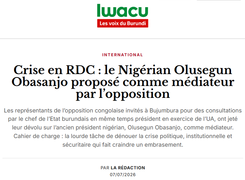 SugiraMireille's tweet photo. Tout tourne au vinaigre pour le président Ndayishimiye.

Malgré les tracasseries imposées aux journalistes et les l'effacement des images prises lors des consultations, le plus grand média indépendant du Burundi nous éclaire sur ce qui se joue réellement dans la tentative du président burundais de sauver son allié Félix Tshisekedi.

Selon IWACU, les représentants de l'opposition congolaise réunis à Bujumbura proposent que le dialogue soit conduit par l'ancien président nigérian Olusegun Obasanjo, avec l'appui des Églises, dans un cadre inclusif et sans exclusion.

Ndayishimiye s'agite beaucoup ces derniers temps. Après les revers subis dans les hauts plateaux du Sud-Kivu, des milliers de soldats burundais tués d'autres capturés, il a peur que cela risque de provoquer  sa propre chute. Il sait que toute évolution majeure de la situation politique en RDC pourrait également avoir des répercussions sur son propre pouvoir.

C'est sauve qui peut. ✍️