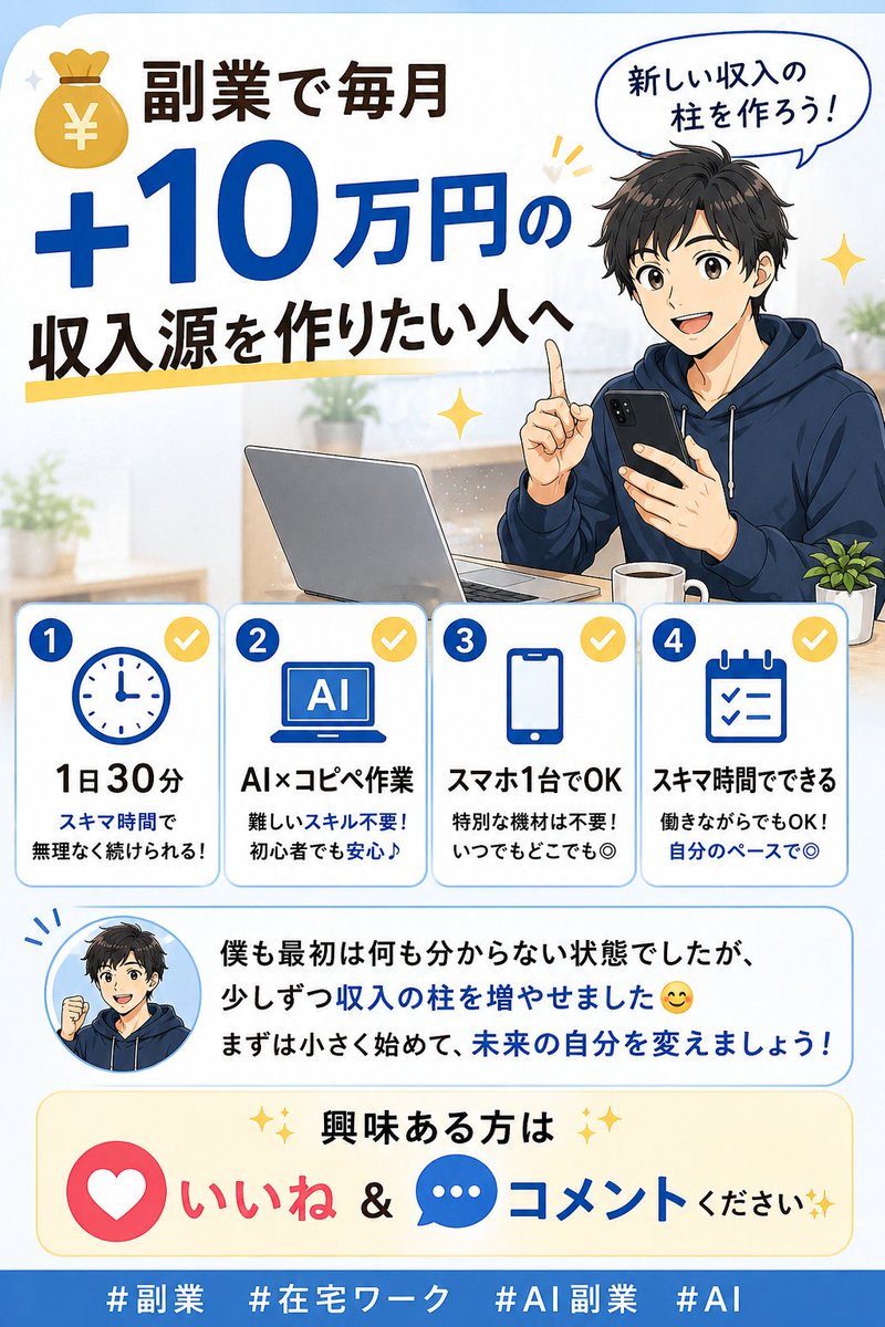 MlkSude's tweet photo. 💰収入の柱を増やしたい人へ

✔1日30分
✔AIライティング
✔コピペ作業
✔初心者OK

コツコツ継続するだけで、
複数の収入源を作る土台になります😊

興味ある方は
👍いいね＆💬コメントください✨

#副業 #在宅ワーク https://t.co/yB0MrZvDeC