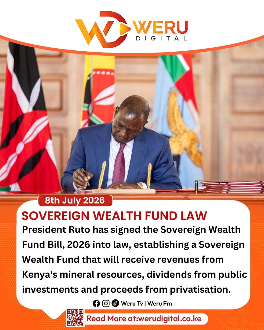 WeruTV's tweet photo. President Ruto has signed the Sovereign Wealth Fund Bill, 2026 into law, establishing a Sovereign Wealth Fund that will receive revenues from Kenya's mineral resources, dividends from public investments and proceeds from privatisation.
https://t.co/7EwjLLJWEu https://t.co/VYFSfT3Iot