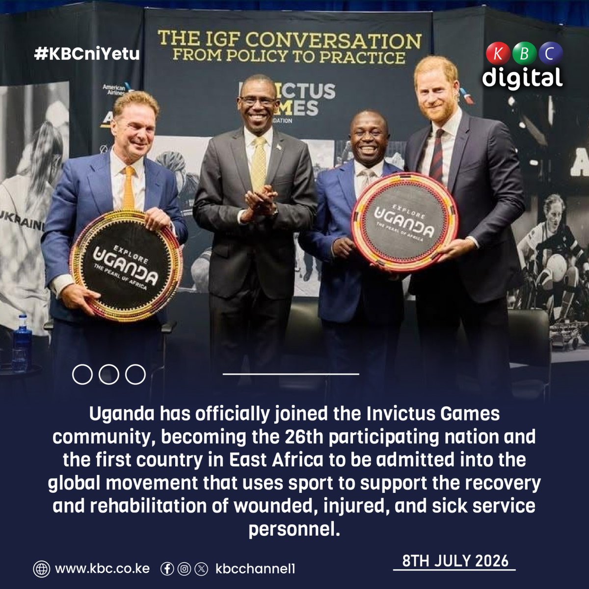KBCChannel1's tweet photo. Uganda has officially joined the Invictus Games community, becoming the 26th participating nation and the first country in East Africa to be admitted into the global movement that uses sport to support the recovery and rehabilitation of wounded, injured, and sick service personnel.

#KBCniYetu ^PM
