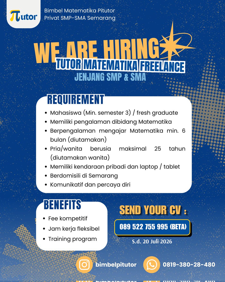 pitutor283138's tweet photo. Hi guys aku mau info job ngajar private matematika SMP SMA nih. Buat yang minat boleh langung WA di nomor yg tertera yaa https://t.co/uoGuFbbD6U