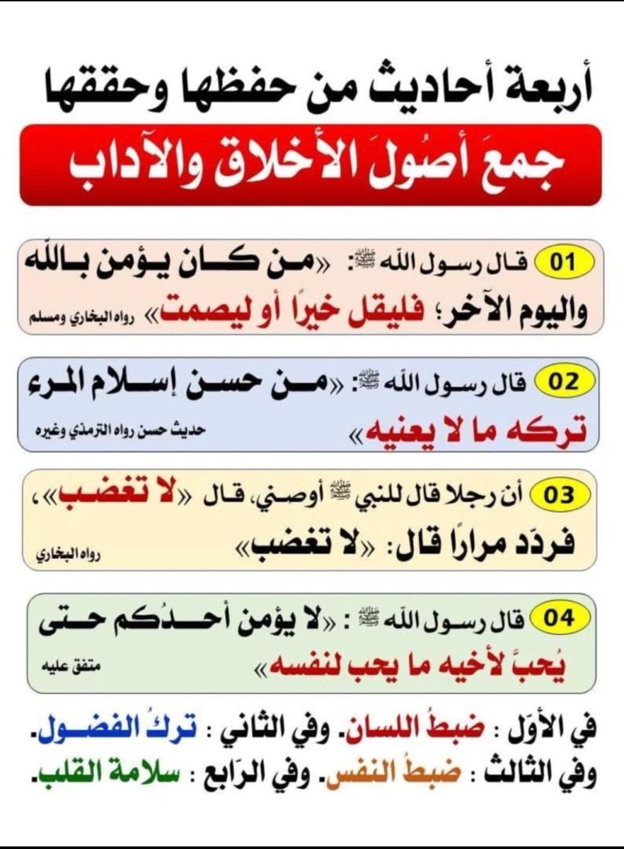 Fayez1387Fayez's tweet photo. أربعة أحديث من حفظها وحققها جمع أصول الأخلاق والأدب واحترام الناس واحترام الناس له. https://t.co/MxEkzR467C