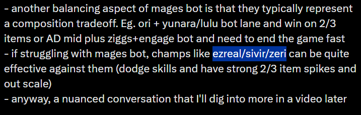 bluwunk's tweet photo. im crying an entire essay to say that mage bot is healthy for the "diversity" of bot lane and then says to play the 3 MOST dog shit adc champion bot lane if you're against MAGES because its effective against them all you have to do is dodge their 20 million unmissable skill shot and wait until you have 2/3 ITEMS WHICH BY THEN URE ALREADY CUCKED OUT OF THE GAME CAUSE CANT WALK UP TO CS OR TRADE bc u lose at every single point in the lane but dw guys we outscale!!

why is riot saying they want mages bot lane and everyone else who PLAYS THE GAME is saying they hate it and it needs to be killed off LMAOAMLAMOAM

if diversity is so important then why did we nerf ranged top laners like varus! we need more of these cancer champs to be picked every game so there can be diversity! why did we nerf vayne top lane we need MORE DIVERSITY??