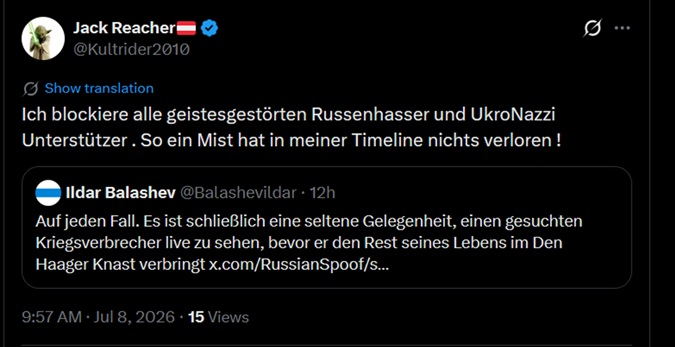 Balashevildar's tweet photo. Ein Österreicher will mir als Russe erklären, wer mein Land richtig liebt. 🤡Schön aus dem sicheren Wien mit Red Bull in der Hand die Z-Diktatur abfeiern, aber beim ersten echten Gegenwind sofort blockieren. Such dir ein Hobby, du Keller-Patriot 🤣 https://t.co/sTtdRT1ry3