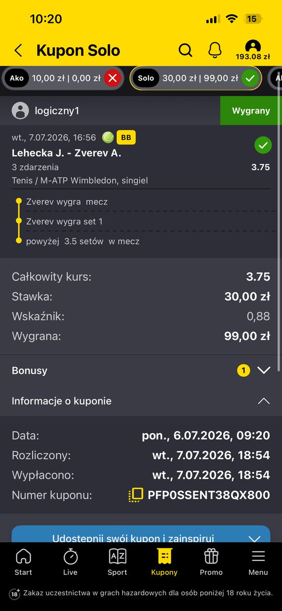 Logicznytyp's tweet photo. @grubytypuje Jeden z nielicznych wygranych kuponów nie z mundialu a z wimbledonu to az żal go akurat nie wstawić https://t.co/3NqbE45jmy