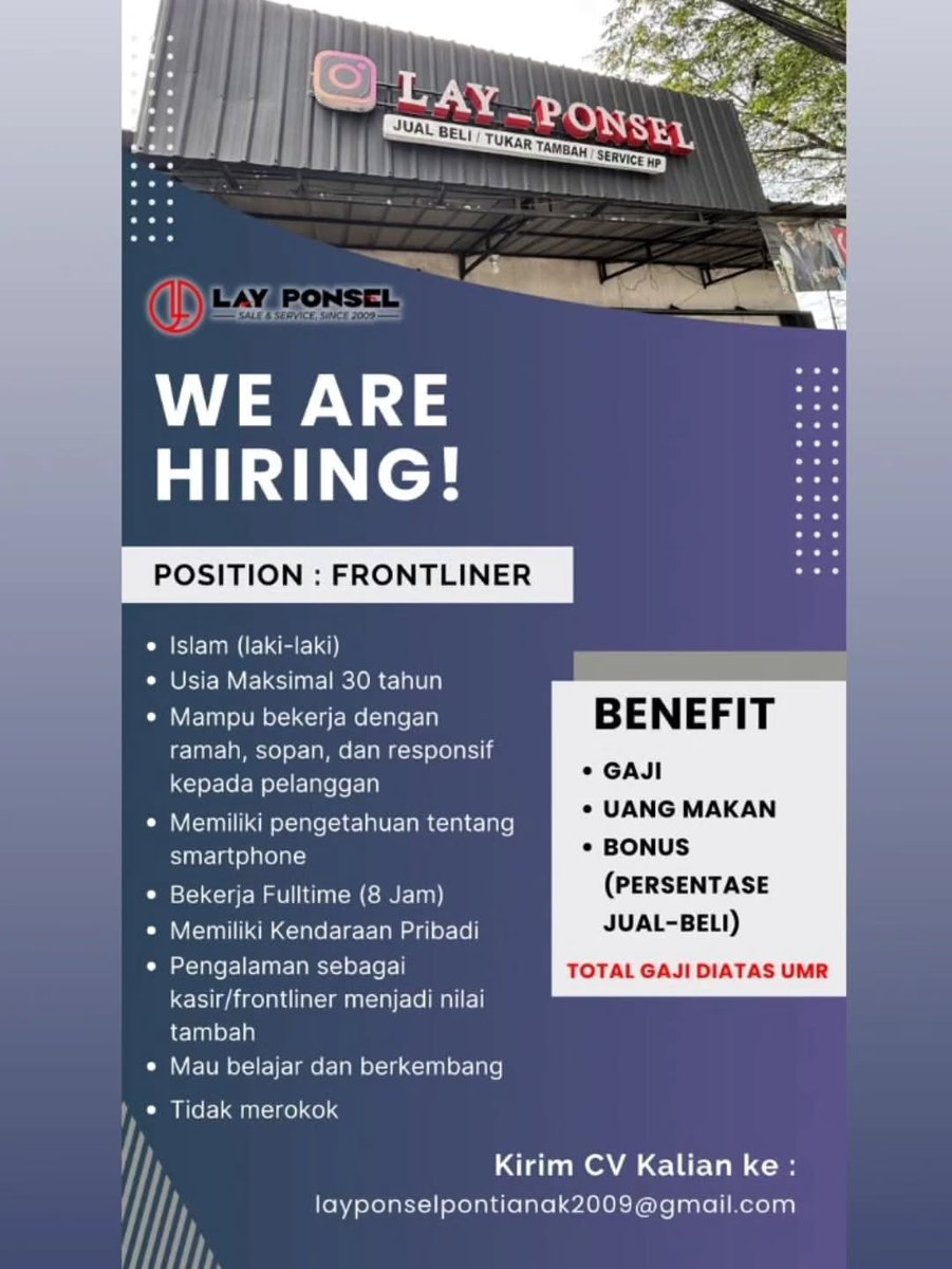 lowkerptk3's tweet photo. 📢 Lowongan Kerja Pontianak!
Lay Ponsel membuka kesempatan bergabung sebagai Frontliner. Jika kamu ramah, komunikatif, dan memiliki pengetahuan tentang smartphone, segera kirim CV terbaikmu! 📱✨

#LokerPontianak #InfoLokerPontianak #LowonganKerjaPontianak #PontianakKerja https://t.co/0V2OWN0UtJ