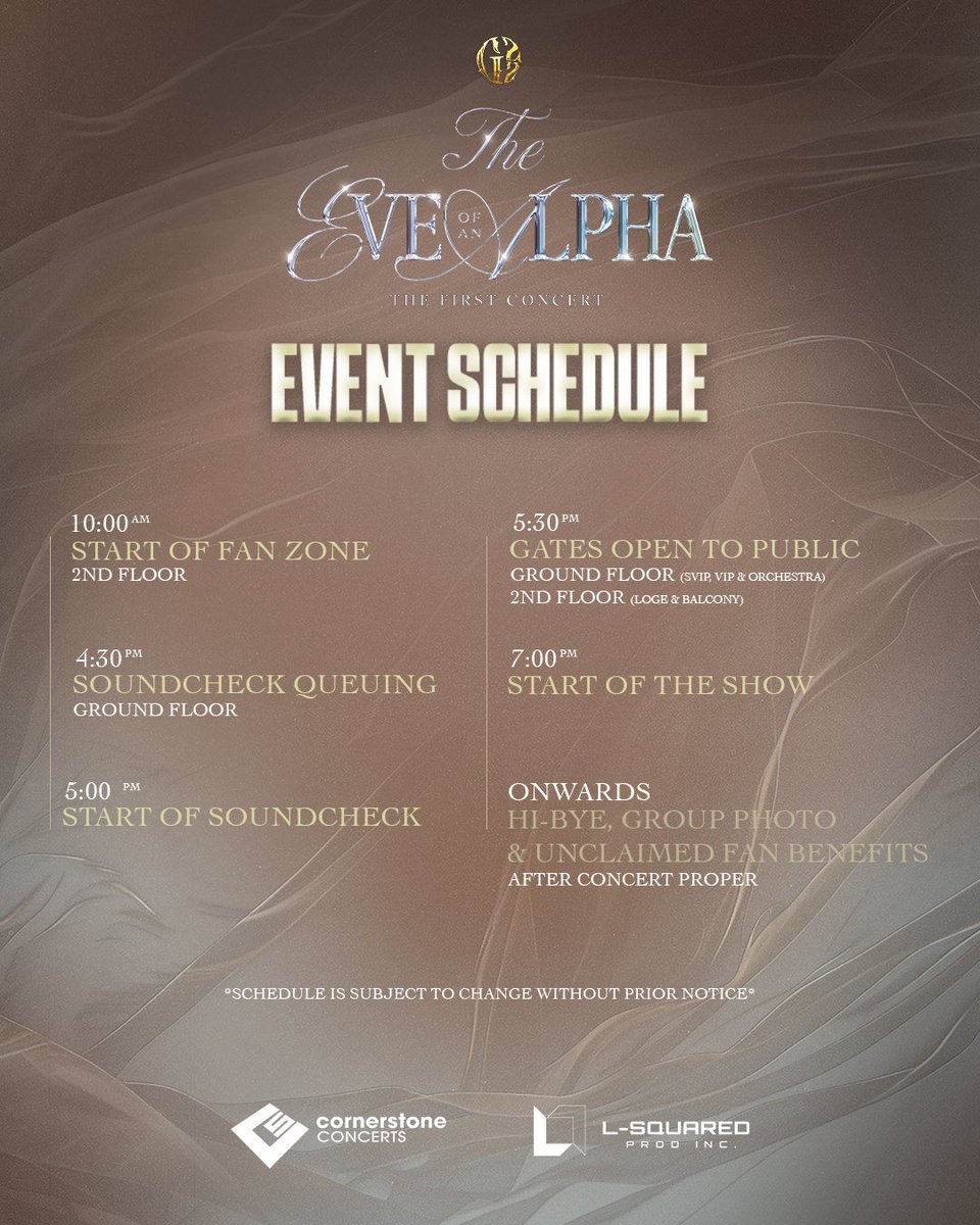 G22Official's tweet photo. Be concert day ready. Be the Alpha that you are this coming Sunday. 

This is your The Eve of an Alpha: The First Concert schedule. Everything you need to take note of to make this night unforgettable is right here!

Whether you’re coming with your friends, family, fellow BULLETS, or flying solo, we’ve got everything you need. 🤍🪡

🗓️ July 12, 2026 | 7:00 PM
📍 New Frontier Theater
🔗 https://t.co/z8gZPNn6LF

#G22 #G22TheFirstConcert #G22_TheEveOfAnAlpha