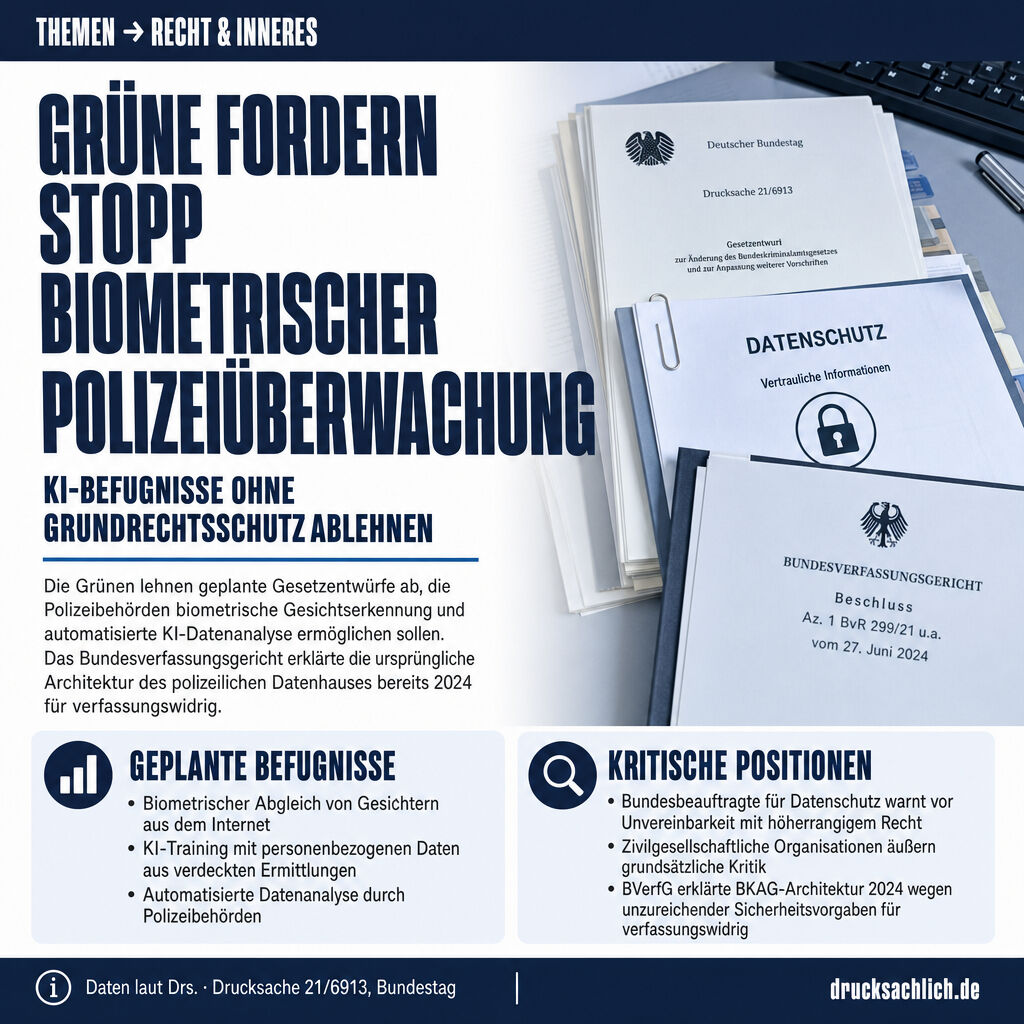 Drucksachlich's tweet photo. KI-Polizeirecht 2026: Grüne fordern Stopp biometrischer Überwachung

Gesichtserkennung durch die Polizei? Die Grünen sagen Nein. Sie fordern einen Stopp biometrischer Überwachung statt neuer KI-Befugnisse ohne Grundrechtsschutz. Das BVerfG hatte die bish
https://t.co/p3jBjtZJ5b https://t.co/yjPuCGuDZu