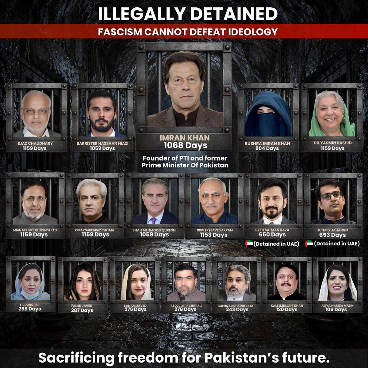 InsafPK's tweet photo. صرف عمران خان نہیں، اس کے یہ تمام وفادار ساتھی ہماری اور آپ کی حقیقی آزادی کی جدوجہد میں جیلوں میں ہیں- ورنہ یہ سب بھی جانتے ہیں کہ ایک چھوٹی سی ہاں انھیں آزاد کروا سکتی ہے- 
#مزاحمت_سے_ہوگی_خان_کی_رہائی https://t.co/3LlT7JwBHt