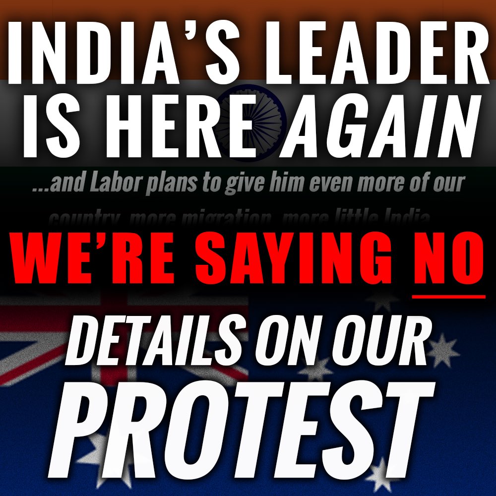 aus_pill's tweet photo. Details on tomorrow’s protest: Anthony Albanese, Jacinta Allan and other leaders will host Indian Prime Minister Narendra Modi in Melbourne, where he will address an audience of around 30,000 Indians inside Marvel Stadium.

Before that, he will be gifted “Little India” in Docklands while state and federal governments continue promising even deeper ties with India.

The Australian Government’s own strategy for strengthening relations with India is through greater “people-to-people” links. In practice, that means bringing more Indians to Australia. As the DFAT RFI 2035 report makes clear, the way Australia seeks to be viewed favourably by India is by expanding migration and the Indian diaspora here. Essentially, trying to achieve favorability with India by turning us into little India.

But what does India receive in return?

India receives billions of dollars in remittances from Australia, a rapidly growing and politically influential diaspora of around one million Indian-born residents.

At the same time, India continues to pursue “strategic autonomy”, building relationships according to its own national interests, including with countries that often compete strategically with the West and Australia such as China. 

We are saying NO.

We reject the idea that Australia should continually deepen this relationship or pursue further mass immigration. Australians never wanted this, especially during a housing crisis, infrastructure strain and stagnant wages.

The vast majority of those attending the Marvel Stadium rally will be supporters of Narendra Modi and his far right BJP party, they may not like us opposing them but this is our continent. We vow to be peaceful, but loud.

There will be a heavy police presence.

Tomorrow, Thursday 9 July, 2:30pm.

Department of Home Affairs
808 Bourke Street, Docklands

Bring an Australian flag, water, and be prepared for potential delays due to traffic or heavy public transport use.
