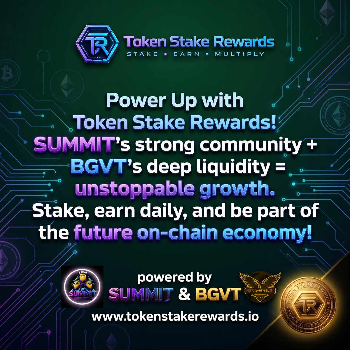 TSRewards's tweet photo. 🚀 Power Up with Token Stake Rewards! 🚀

Join SUMMIT’s strong community + BGVТ’s deep liquidity for unstoppable growth. Stake, earn DAILY, and be part of the future on-chain economy! 💥

Powered by SUMMIT & BGVТ.  
Visit: https://t.co/8VSDuG0wdu  
#Crypto #DeFi #OnChain #CryptoRewards #StakeAndEarn #tsr #summit #bgvt #crypto