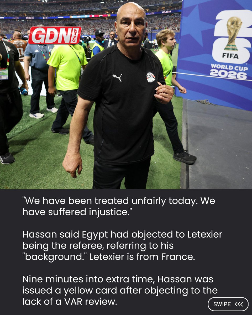 GDNonline's tweet photo. Egypt coach Hossam Hassan said his team was treated unfairly and "suffered an injustice" in the wake of his team's stunning 3-2 loss to Argentina in a round of 16 match in Atlanta on Tuesday.

Swipe to read more ➡️

Read the full report on https://t.co/Dvlupio1Uv 🌐🤳

#Egypt #gdnonline #worldcup #FIFA