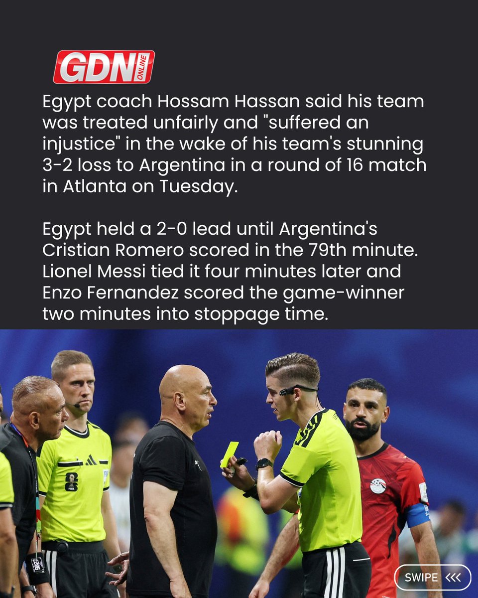 GDNonline's tweet photo. Egypt coach Hossam Hassan said his team was treated unfairly and "suffered an injustice" in the wake of his team's stunning 3-2 loss to Argentina in a round of 16 match in Atlanta on Tuesday.

Swipe to read more ➡️

Read the full report on https://t.co/Dvlupio1Uv 🌐🤳

#Egypt #gdnonline #worldcup #FIFA