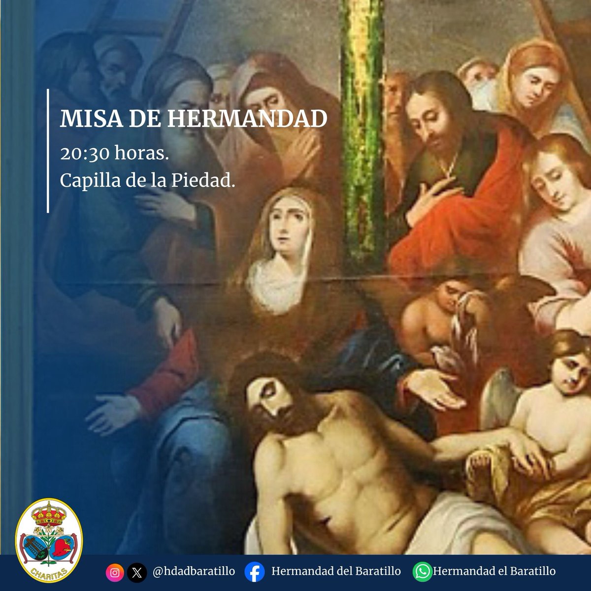 HdadBaratillo's tweet photo. 🔵 MISA DE HERMANDAD
Hoy, como cada miércoles, celebramos la Misa de Hermandad en la Capilla de la Piedad📍a las 20:30 horas.🕣
Se puede seguir en directo por nuestro canal de YouTube. ⤵️📹
https://t.co/CdBp127bDQ
#AzulBaratillo https://t.co/OWNBXhOMby