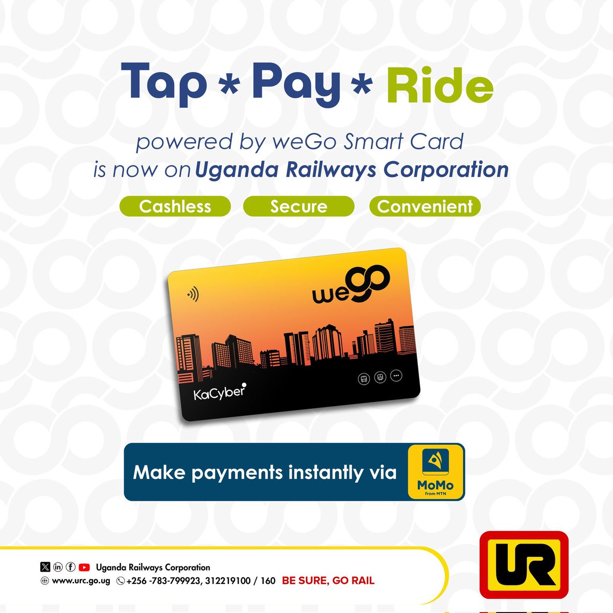 hafithkazibwe's tweet photo. Weβve gone CASHLESS.
Book your train ride anytime, anywhere.
No more lining up. No more hunting for change.
Just deposit, pay online with @KaCyberApp and ride.
Or tap the #WeGoSmartCard and youβre good to go.
Olina ennene? Tofaayo π @mtnug #Weservinge
#GoldenPosts https://t.co/4B9VXOVX7X