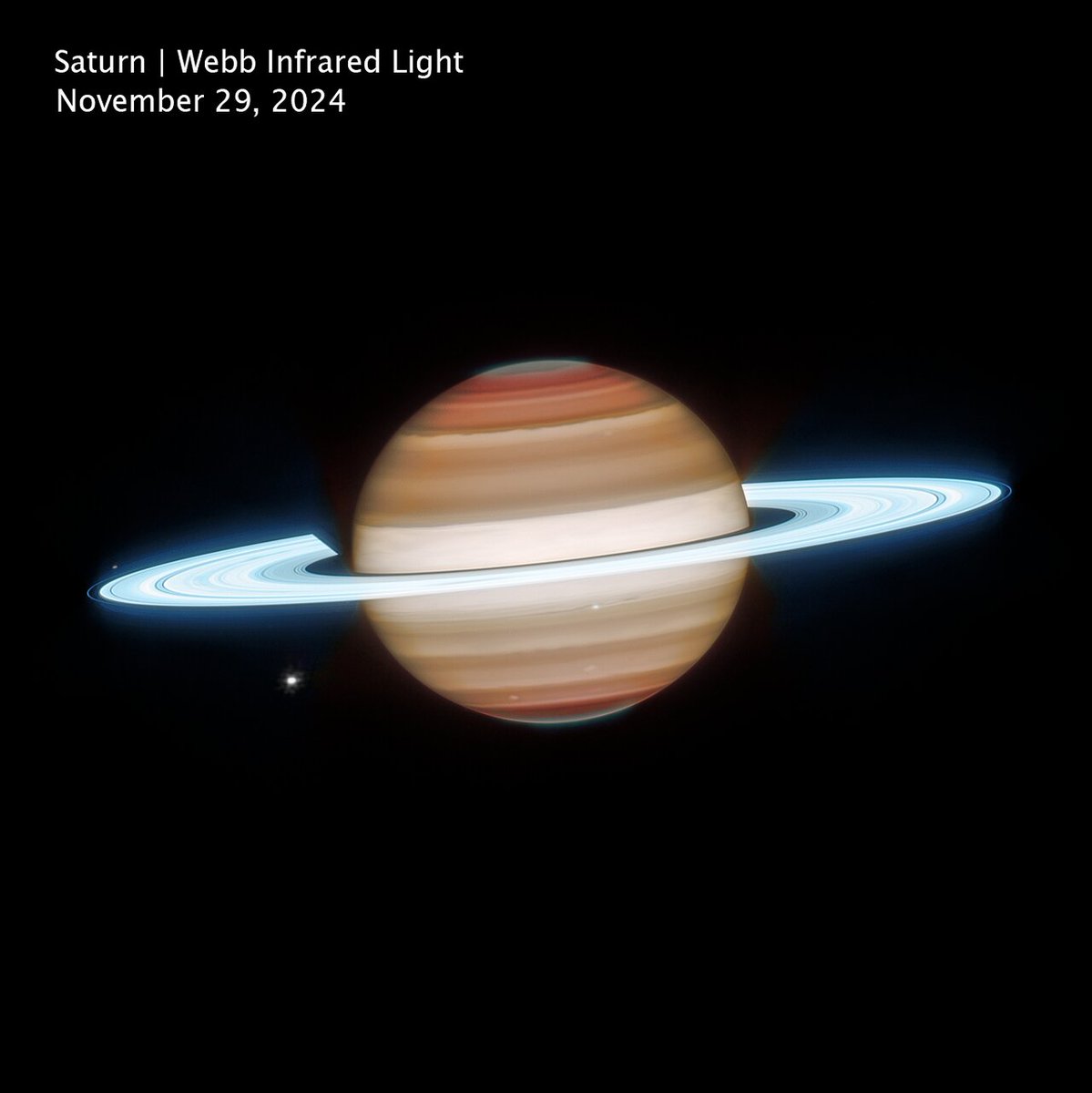 ESA_Webb's tweet photo. 🛎️ It's quiz time! Webb has been helping astronomers understand Saturn’s atmosphere with its infrared view of the ringed planet 🪐👀 revealing all kinds of fascinating features! https://t.co/3ITmqoZ9iq