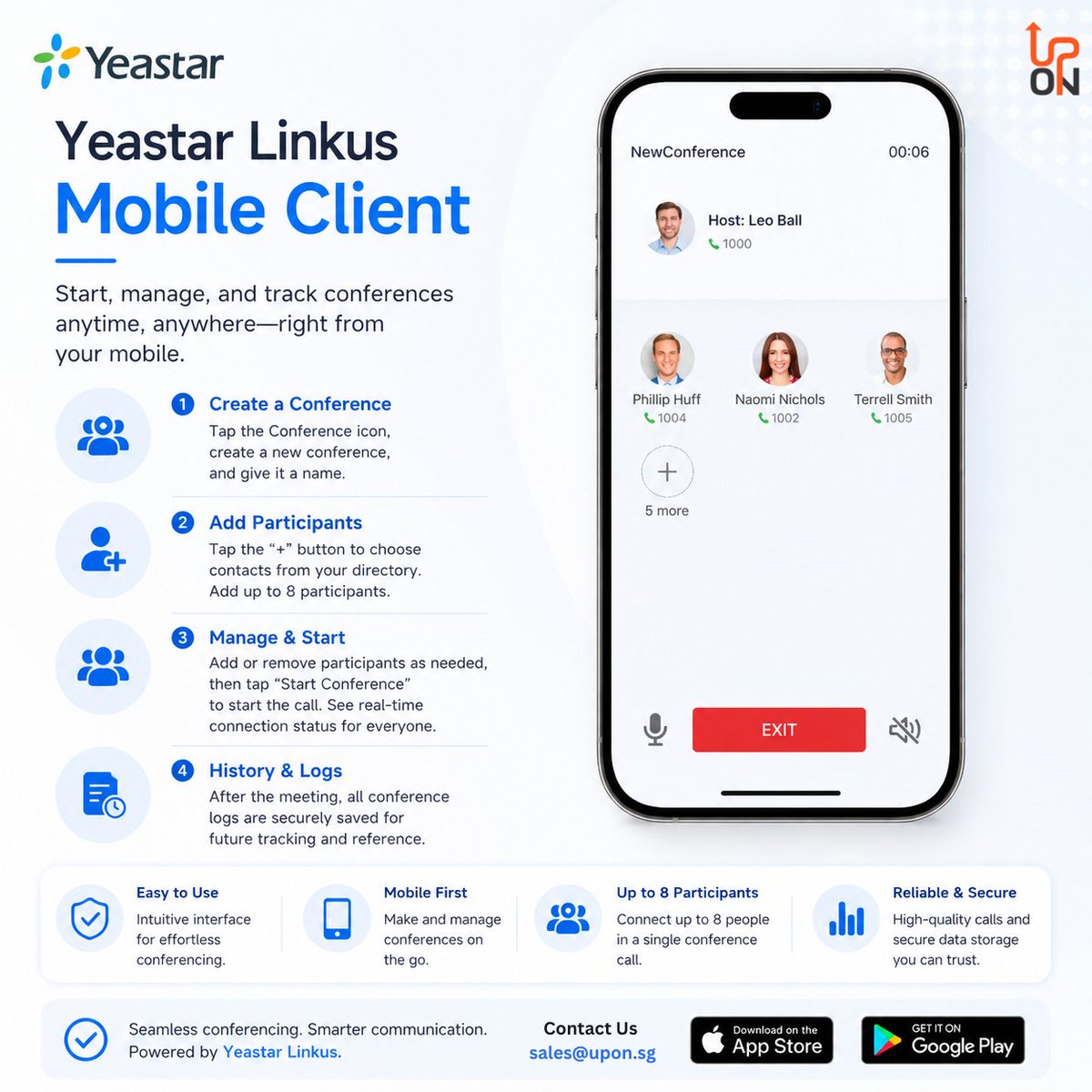 uponsg's tweet photo. 📱 Host conference calls from anywhere with the Yeastar Linkus Mobile Client.
Create conferences, invite up to 8 participants, manage calls in real time, and keep meeting logs, all from your smartphone.
Learn more at https://t.co/e5stk3jXEF.
#Yeastar #Linkus #CloudPBX #UPONSG https://t.co/V3BgCMW0XP