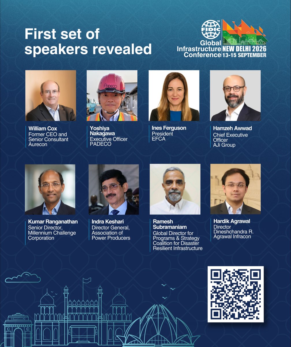 FIDIC's tweet photo. The first speakers for FIDIC Global Infrastructure Conference 2026 are confirmed

This September, infrastructure leaders, policymakers, engineers and financiers from around the world will gather in New Delhi to address the challenges the industry can no longer defer.

The programme will explore:
- Quality infrastructure delivery
- Bridging the global investment gap
- AI and digital transformation
- Resilient procurement
- Developing the industry's next generation of leaders

13–15 September | New Delhi

Hosted with the Consulting Engineers Association of India

See the full speaker list below 👇
https://t.co/iZ5fTatkOI 

#FIDIC #FIDICGIC26 #Infrastructure #GlobalInfrastructure