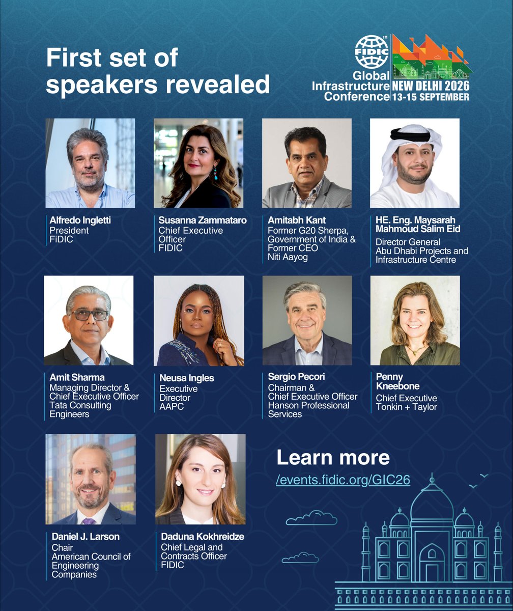 FIDIC's tweet photo. The first speakers for FIDIC Global Infrastructure Conference 2026 are confirmed

This September, infrastructure leaders, policymakers, engineers and financiers from around the world will gather in New Delhi to address the challenges the industry can no longer defer.

The programme will explore:
- Quality infrastructure delivery
- Bridging the global investment gap
- AI and digital transformation
- Resilient procurement
- Developing the industry's next generation of leaders

13–15 September | New Delhi

Hosted with the Consulting Engineers Association of India

See the full speaker list below 👇
https://t.co/iZ5fTatkOI 

#FIDIC #FIDICGIC26 #Infrastructure #GlobalInfrastructure