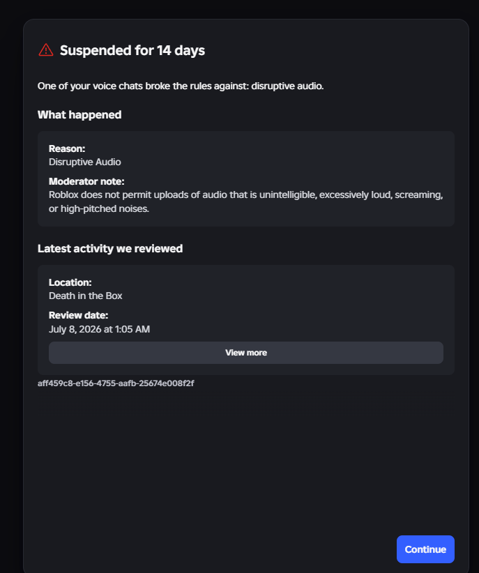 _Cordello's tweet photo. Roblox Moderation literally need's to be fixed, I don't even want to appeal this because I'm afraid it'll turn into a termination, what economy is this? I have like no Freedom In America.  All this just for screaming in voice chat.. #Roblox #robloxban #ban #RobloxDev https://t.co/4gqVIbloRJ