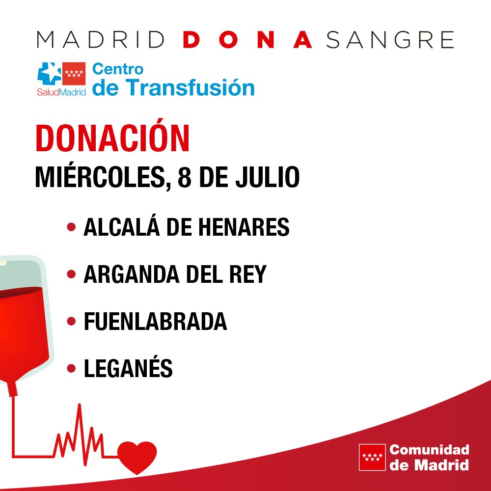 Madridonasangre's tweet photo. 👉 Si quieres #donarsangre y unirte a #salvarvidas puedes hacerlo hoy en cualquiera de los puntos fijos o en las Unidades Móviles de Donación de la Comunidad de Madrid y Cruz Roja en estos municipios 👇

 👉 Continúan todos los grupos en alerta roja.

 📲 https://t.co/5hbVjUlqaf https://t.co/KdSpOH9PNY