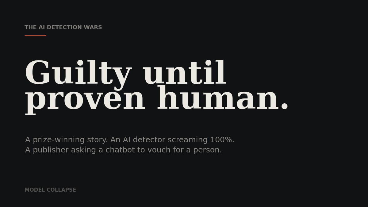 ModelCollapse_'s tweet photo. A human won a Commonwealth writing prize 👀. Then strangers ran his story through an AI detector, and his own publisher asked a chatbot to rule on whether a person wrote it. We've inverted the burden of proof. Full story: https://t.co/VxDVs4D4XP https://t.co/Ggj4TlVkmb