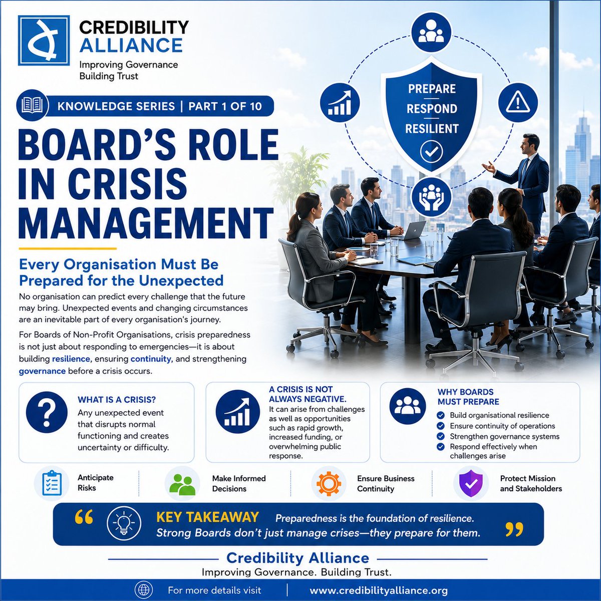 CredibilityA's tweet photo. Board's Role in Crisis Management
Knowledge Series | Part 1 of 10
Preparedness is the Foundation of Resilience. Strong Boards don't just manage crises—they prepare for them."
#CredibilityAlliance #KnowledgeSeries #BoardGovernance #CrisisManagement #NonprofitLeadership https://t.co/7sLKAcjikg