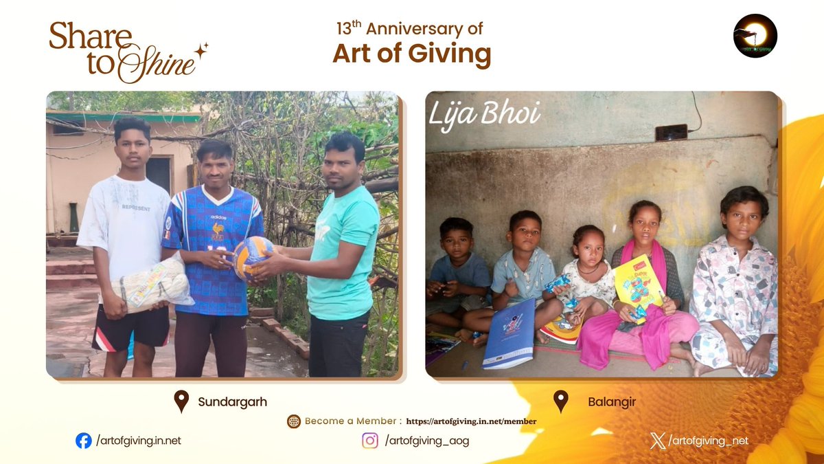artofgiving_net's tweet photo. As the International Day of Art of Giving marks 13 inspiring years, the message of “Share to Shine” resonated across Boudh, Sundargarh, Balangir, Keonjhar, Subarnapur, and Rayagada With a thoughtful gesture of giving, Ms. Champabati Oram, Mr. Bapuji Majhi, https://t.co/3lJHw0A5Pq