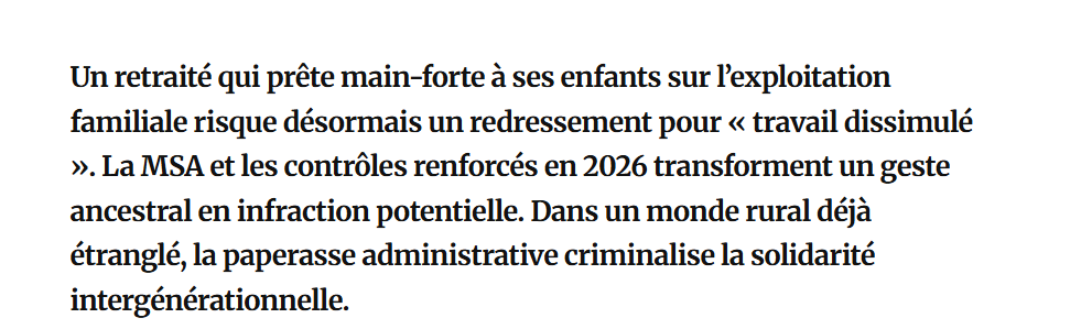 VictorSinclair3's tweet photo. Coucou @AnnieGenevard 
C'est vrai que désormais, un retraité qui donne un coup de main à ses enfants à la ferme familiale, risque un redressement ?
Tu sais que ça va commencer à se voir que l'Etat français veut détruire les exploitations familiales au profit des multinationales ? https://t.co/nddirbn3UN