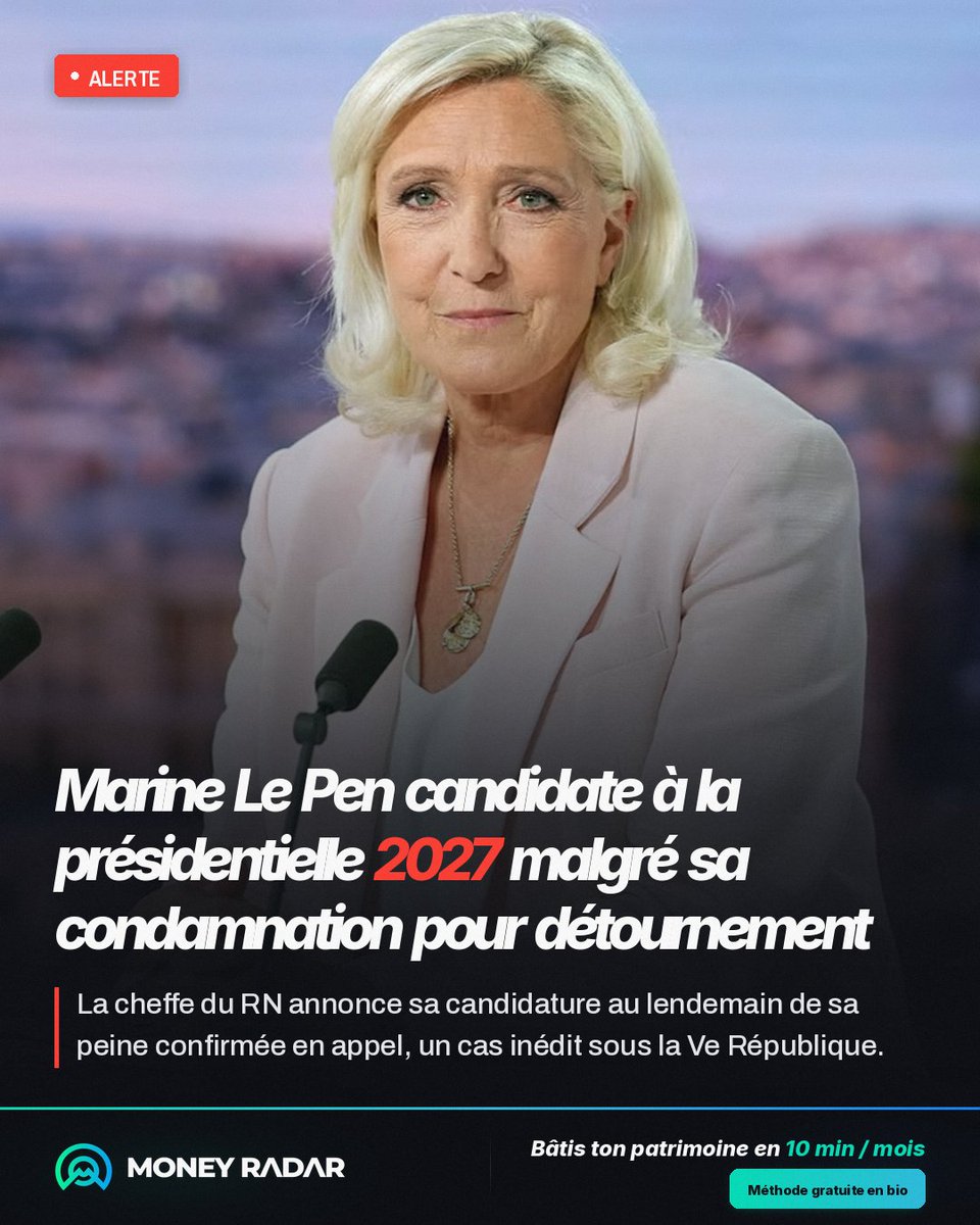 MoneyRadar_FR's tweet photo. Une condamnation pour détournement de fonds publics, une inéligibilité de cinq ans, et pourtant elle se lance ! 

Marine Le Pen officialise sa candidature à la présidentielle 2027, au lendemain de sa peine confirmée en appel. 

C'est la première fois qu'une figure politique majeure tente une élection sous le coup d'une telle interdiction (qui sera terminée en mai 2027). 

Si elle gagnait, la question constitutionnelle exploserait : un président déjà condamné à une inéligibilité peut-il exercer ? Le Conseil constitutionnel devra trancher. 

En attendant, le pari est clair : transformer un handicap judiciaire en arme politique dans une campagne qui s'annonce sans précédent pour la candidate RN. 

#politique #presidentielle2027 #marinelenpen #actualite #institution #ve Republique #moneyradar