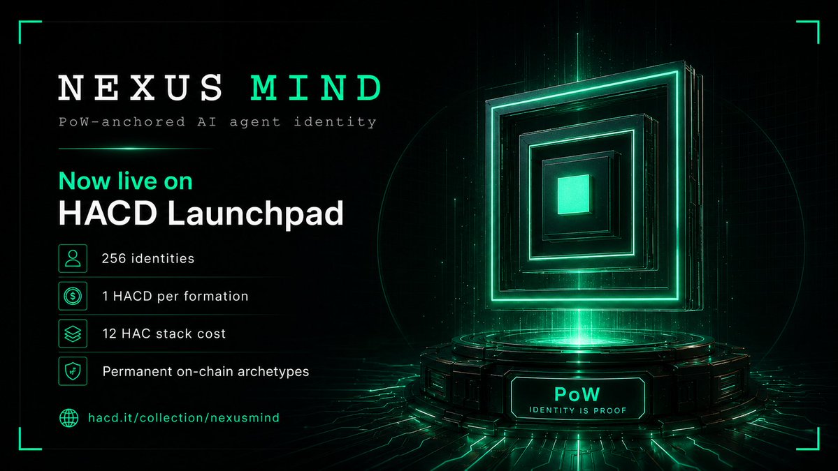hacdlabs's tweet photo. AI agent identity is being formed through PoW.

NEXUS MIND(@NexusMind_Hac) is now live on HACD Launchpad.

> 256 identities
> 1 HACD per formation
> Real PoW provenance
> Permanent on-chain archetypes

This is HACD Stack in action.

Stack now: https://t.co/ee1glUnXXW https://t.co/midPKfLl7T