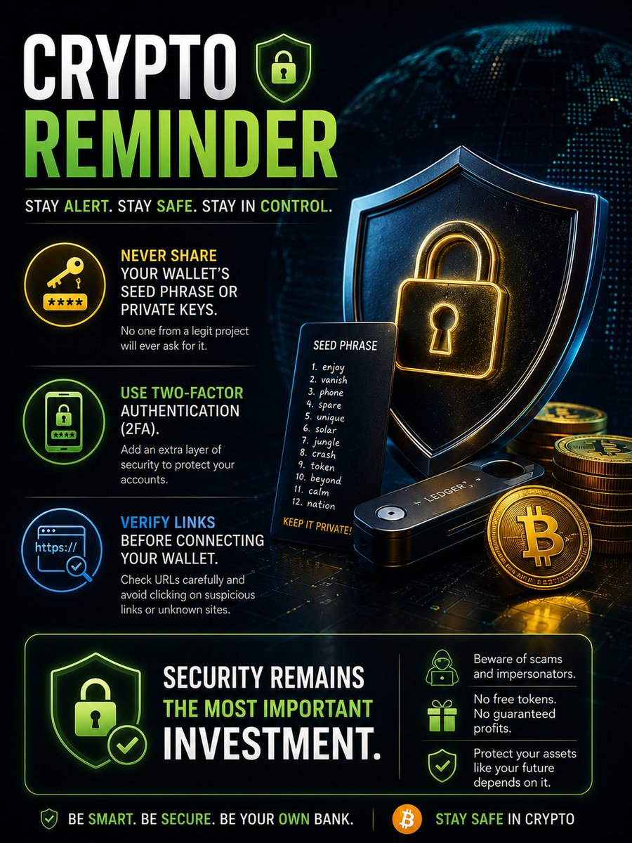 xMondalRaaj's tweet photo. ๐ #CryptoReminder Never share your wallet's seed phrase or private keys.
Use two-factor authentication and verify links before connecting your wallet.
โจ Security remains the most important investment.
$ION , @ice_blockchain & @ice_z3us https://t.co/c5UlJzSFcP
