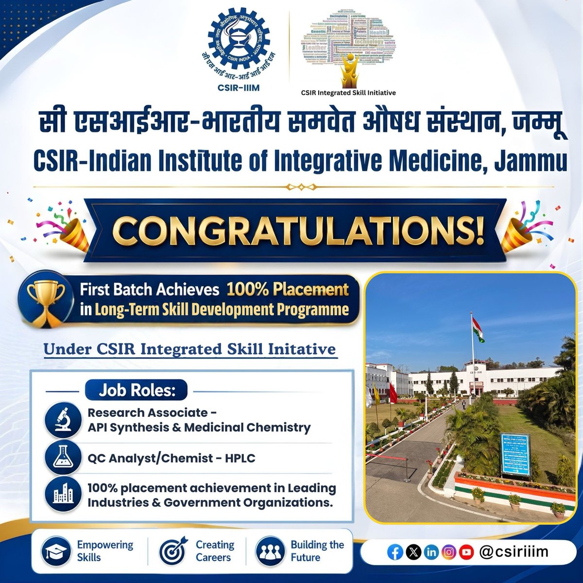 csiriiim's tweet photo. A proud milestone for CSIR-IIIM Jammu! The first batch of the Long-Term Skill Development Programme under CSIR-Integrated Skill Initiatives has achieved 100% placement, reflecting the institute's commitment to building a highly skilled scientific workforce.

The successful candidates have been placed as Research Associates (API Synthesis & Medicinal Chemistry) and QC Analysts/Chemists (HPLC) in leading industries and government organizations.

Under the leadership of Dr. Zabeer Ahmed, CSIR-IIIM continues to empower youth with industry-relevant skills, creating meaningful career opportunities and strengthening India's innovation ecosystem.

Empowering Skills • Creating Careers • Building the Future

#CSIRIIIM #SkillDevelopment #100PercentPlacement #CareerSuccess #Research #MedicinalChemistry #APISynthesis #HPLC #Innovation #YouthEmpowerment #ScientificWorkforce #Jammu #CSIR